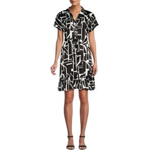Karl Lagerfeld Paris Satin Shirt Dress Belted Geometric Mini Black White 10 NWT